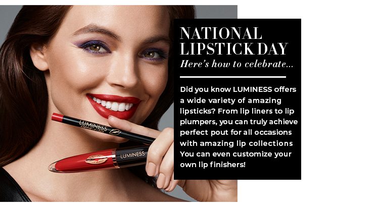 Brunette woman model with red lipstick on displays Luminess Forever Reign lipstick for National Lipstick Day 2021